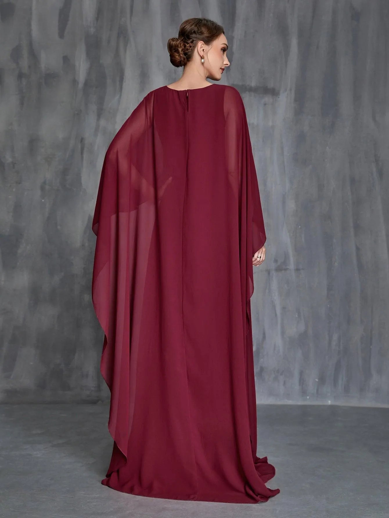 Womens' Solid Layered Hem Chiffon Cape Gown