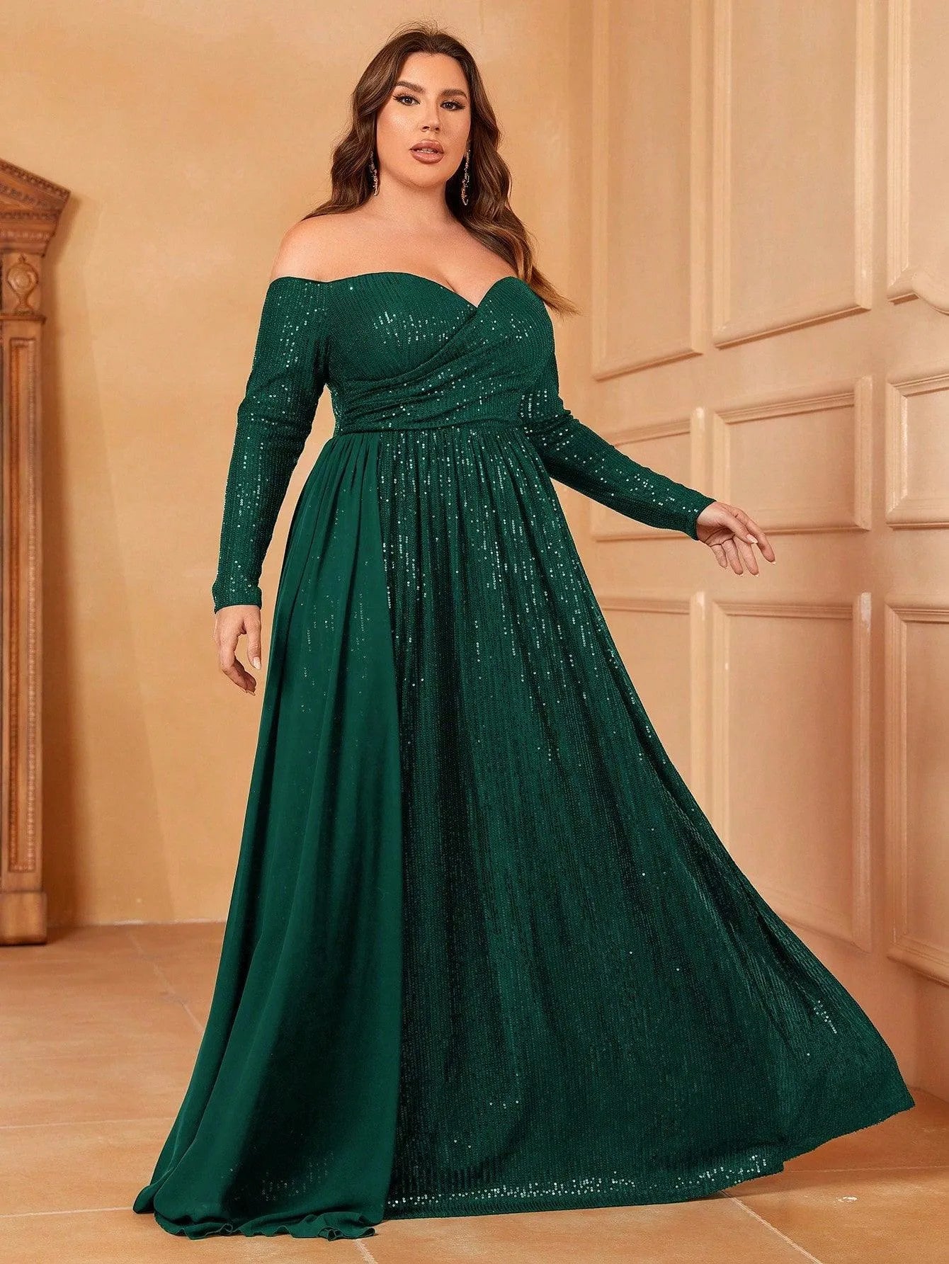 Plus Off Shoulder Draped Side Sequin Formal Dresses