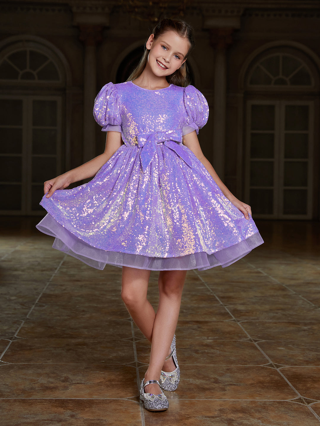 Girl's Cute Bow Front Puff Sleeve Sequin Party Dress