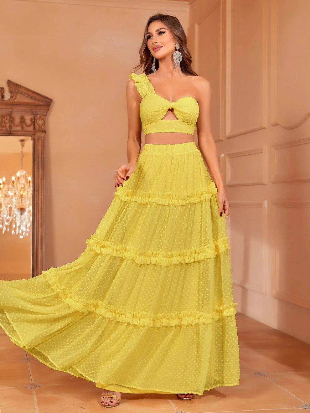 Swiss Dot One Shoulder Crop Top & Chiffon Skirt - Elonnashop