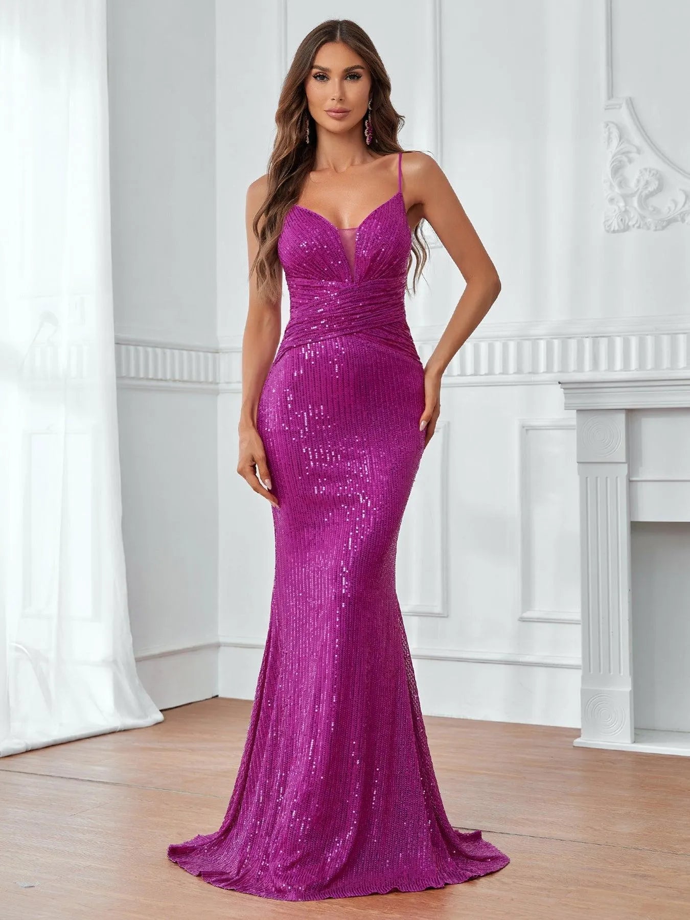 Elegant Plunging Neck Ruched Front Sequin Cami Dress