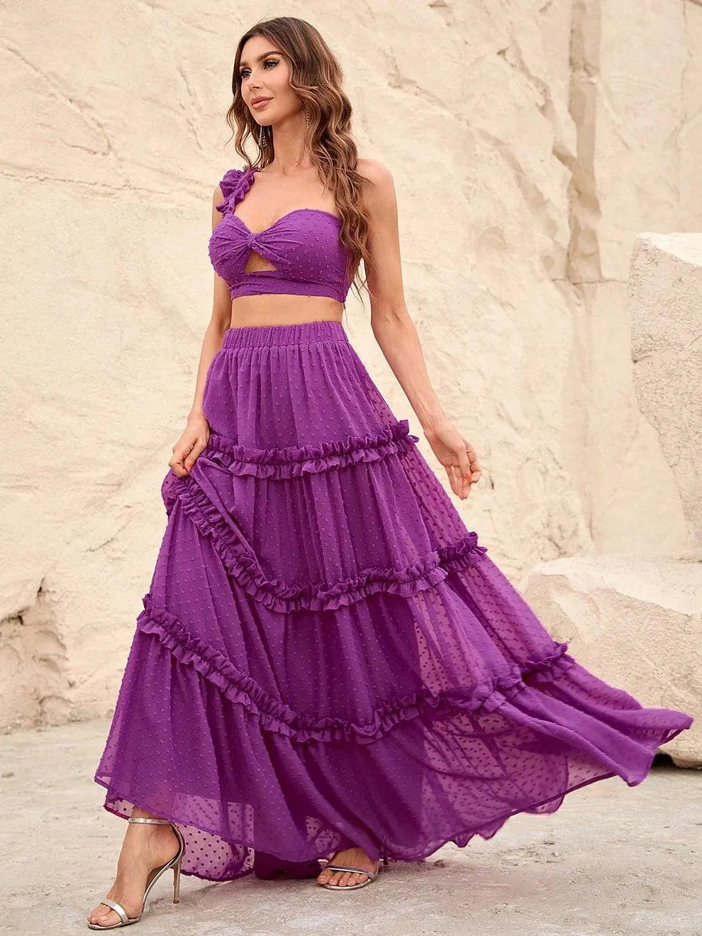 Swiss Dot One Shoulder Crop Top & Chiffon Skirt - Elonnashop