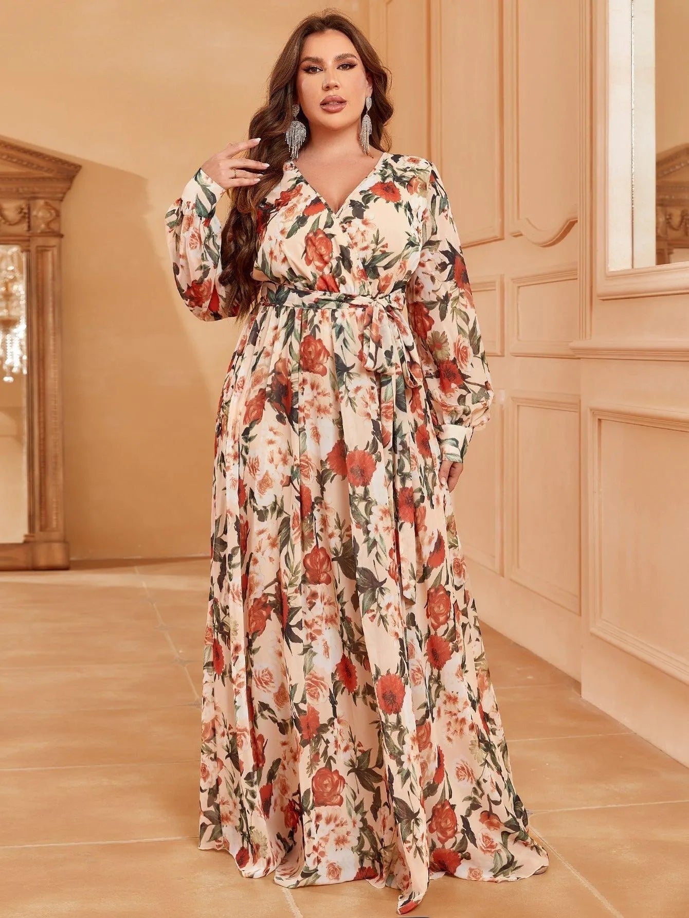 Plus V Neck Long Sleeve Floral Chiffon Belted Dress