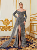 Elegant Off Shoulder Lone Sleeves Split Thigh Sequin Evening Dress