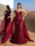 Plus Gorgeous Strapless Mesh Overlay Mermaid Hem Beaded Seuqin Evening Dress