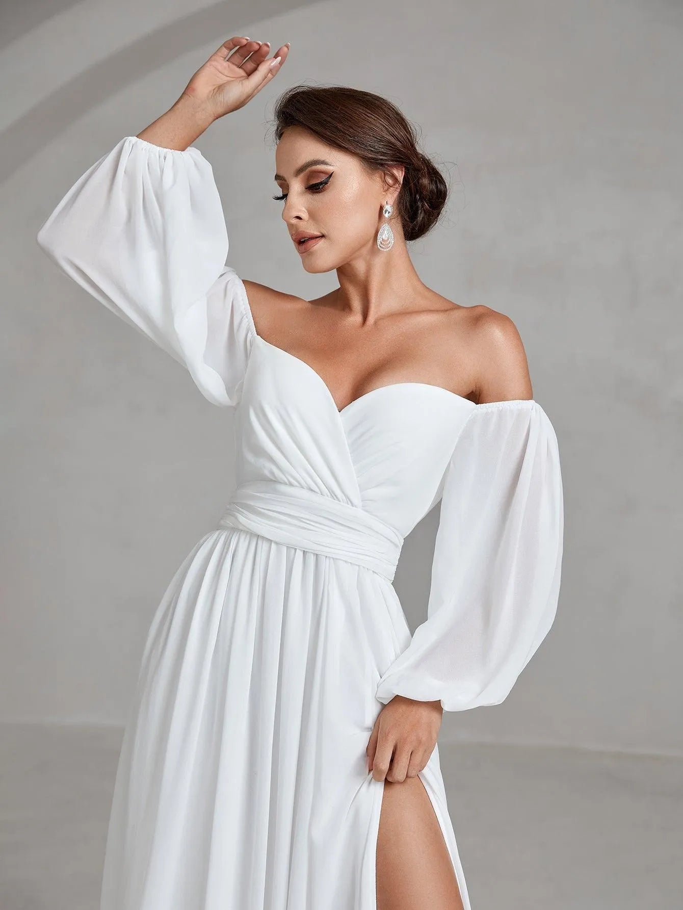 Off Shoulder Lantern Sleeves Chiffon Wedding Dress