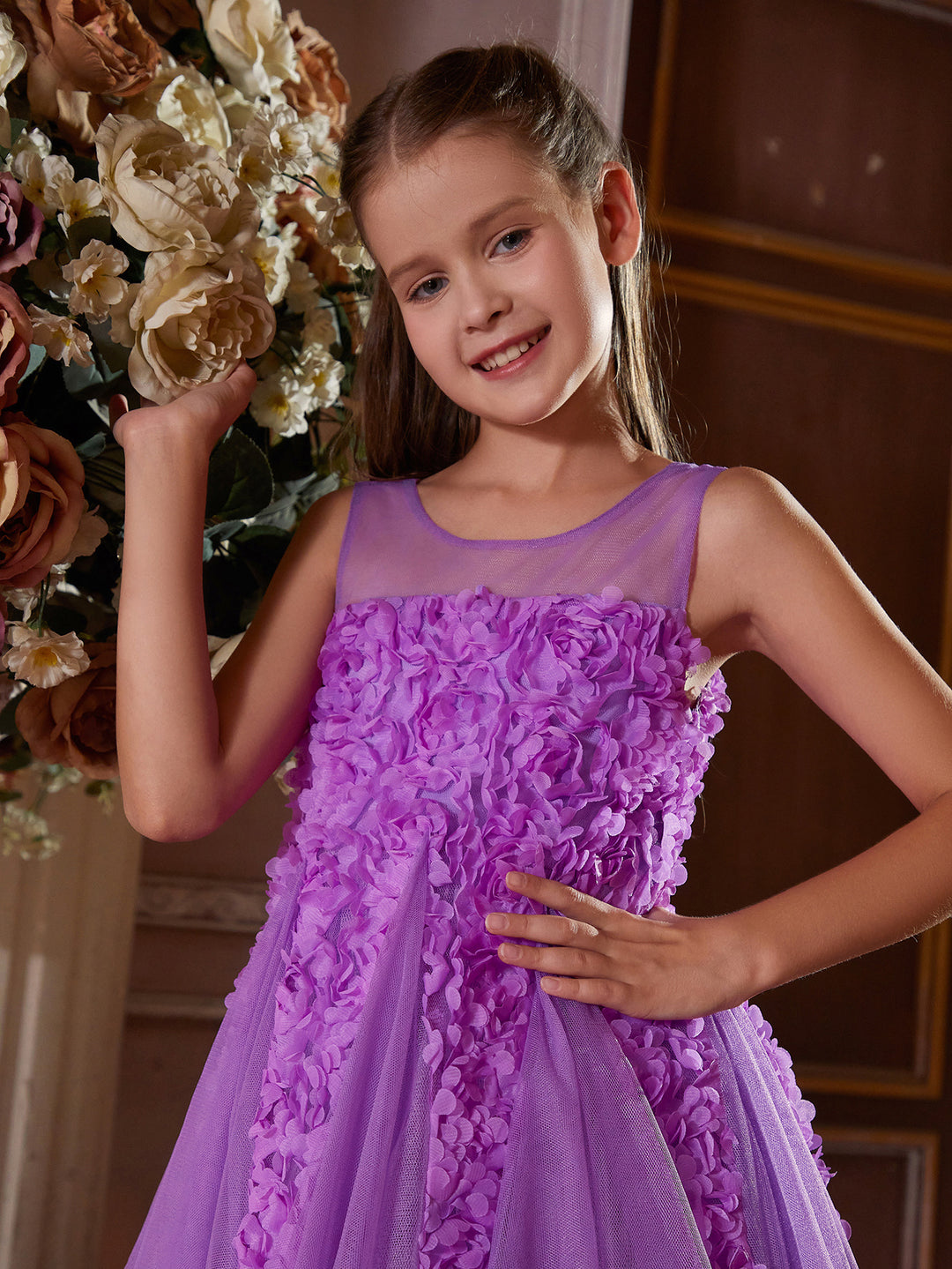 Girl's Applique Decor Puff Sleeve Sequin A Line Dress