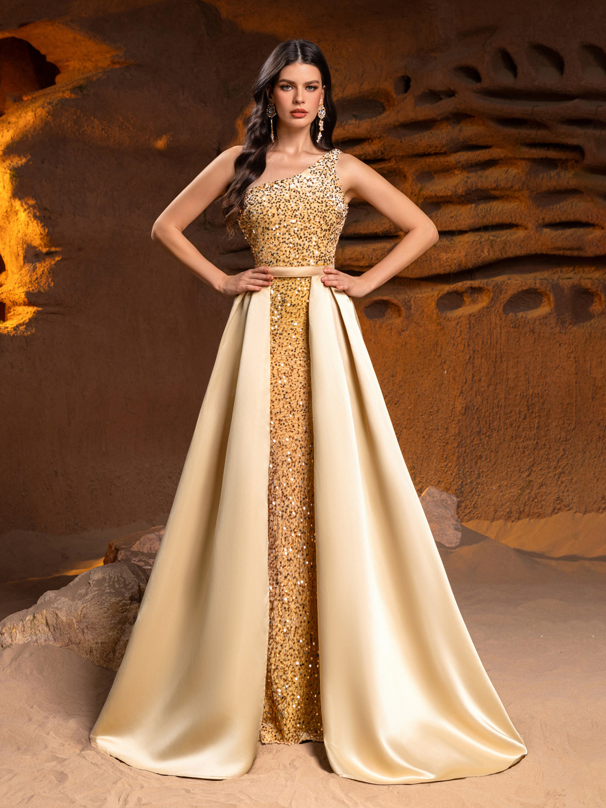 One Shoulder Satin Overlay Sequin Mermaid Dresses