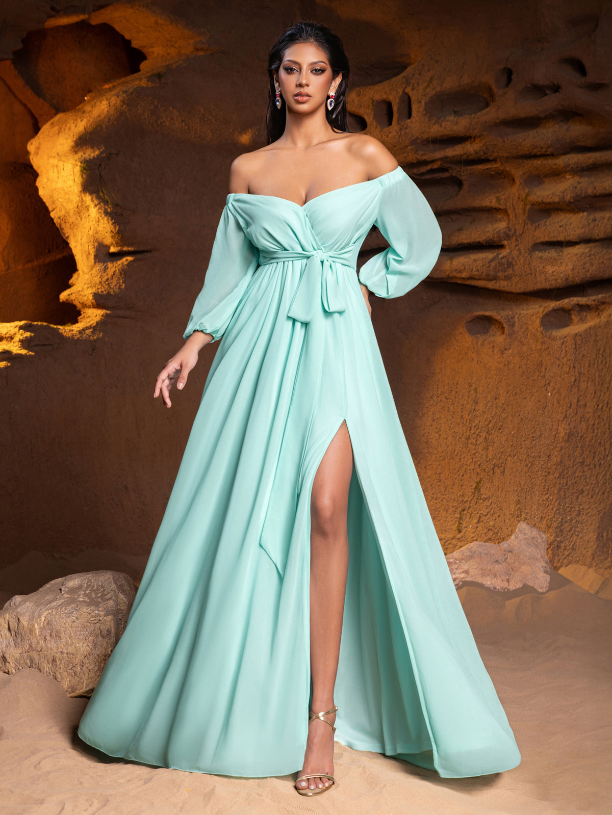 Off Shoulder Split Thigh Belted Chiffon A Line Dress