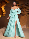 Off Shoulder Split Thigh Belted Chiffon A Line Dress
