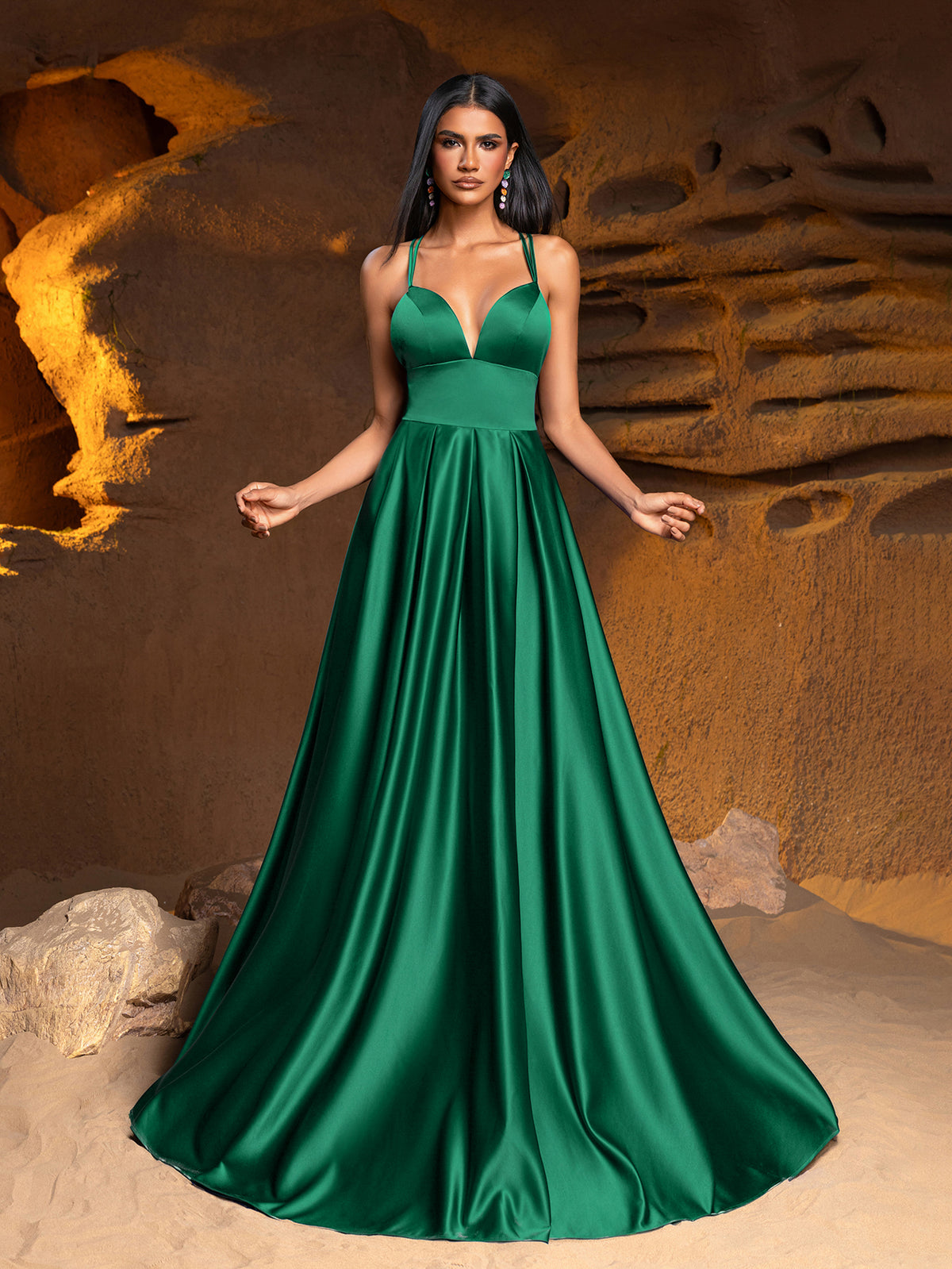 Plunging Neck Floor Length Satin Cami Party Dress