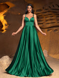 Plunging Neck Floor Length Satin Cami Party Dress