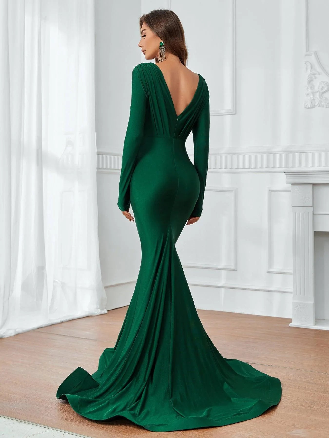 Plunging Neck Backless Mermaid Hem Formal Dress