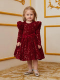 Young Girls' Gigot Sleeve Bow Decor Sequin Midi Dress - Elonnashop