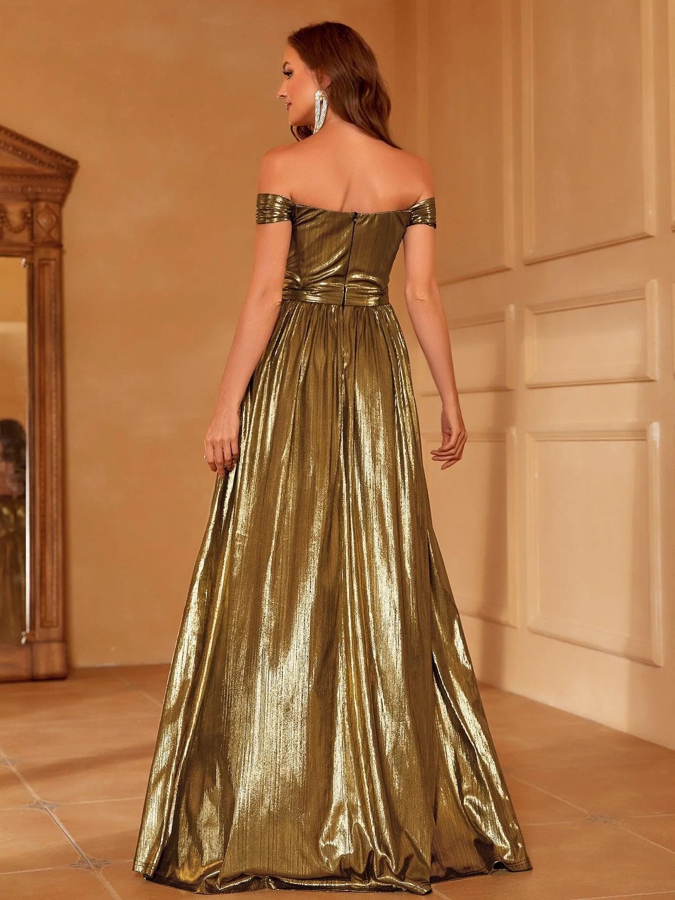 Off Shoulder Metallic Slit A Line Party Dress