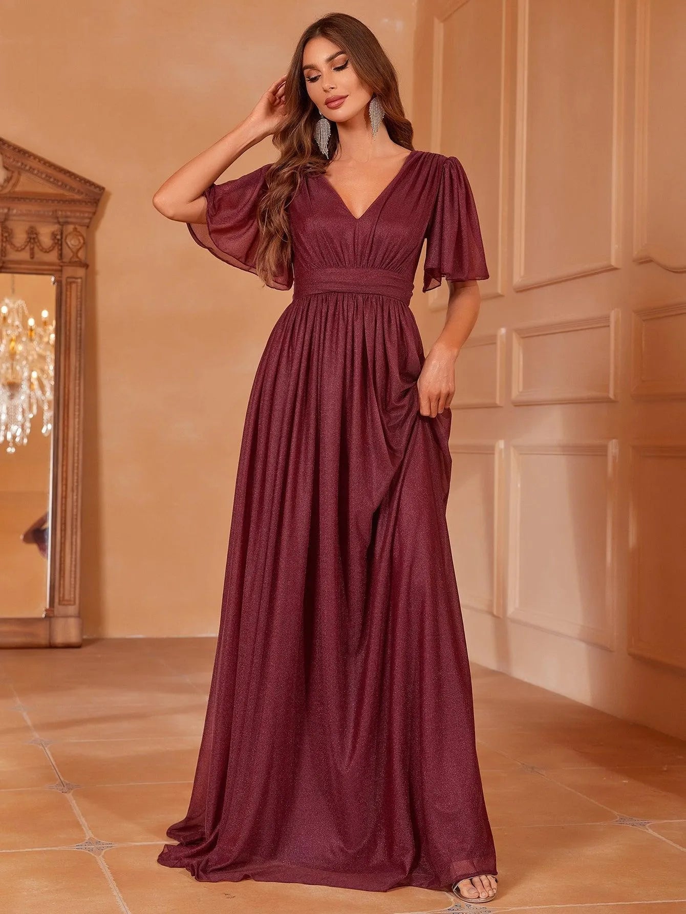 Elegant V Neck Short Sleeve Maxi A Line Dress