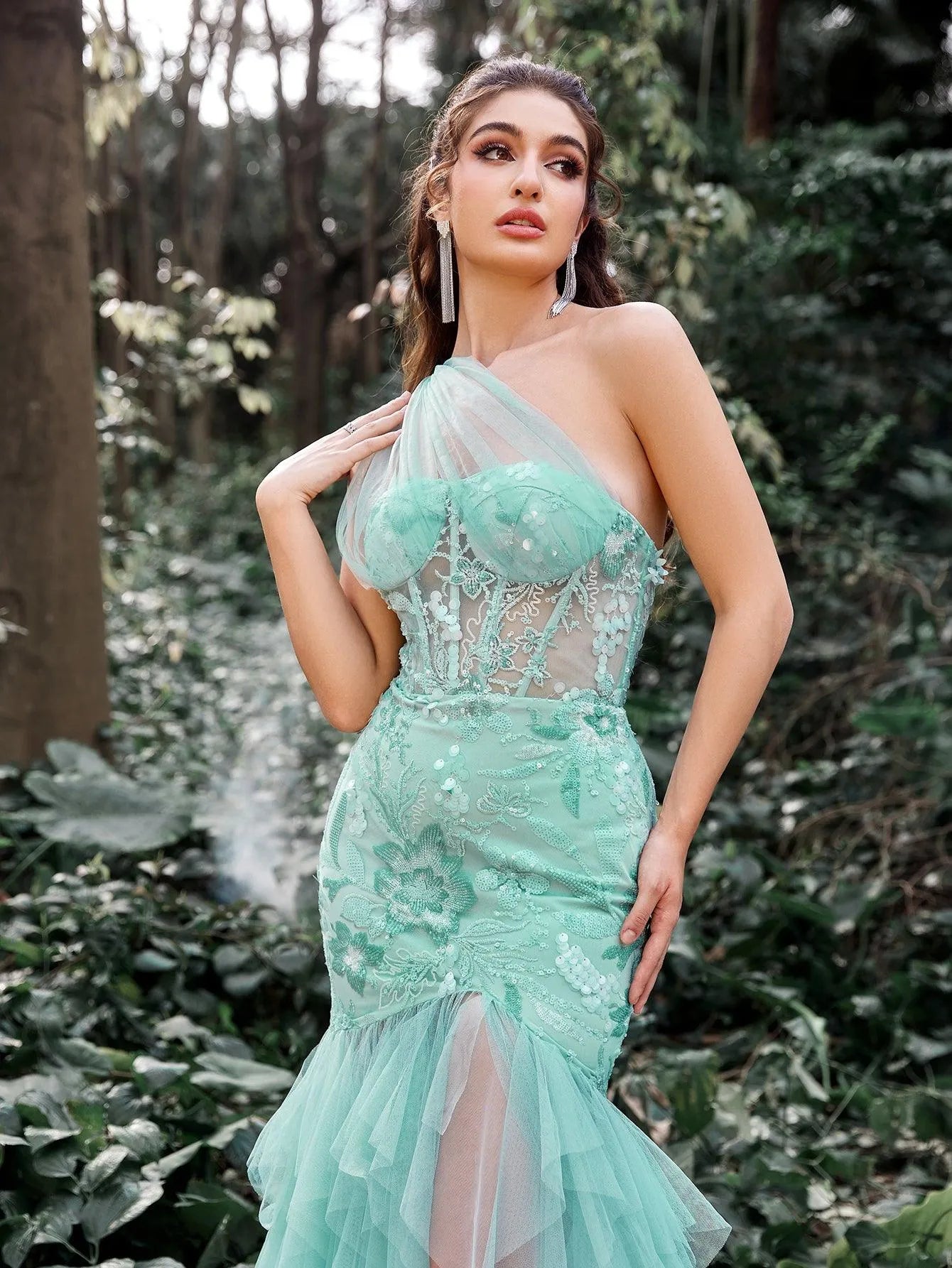 Luxury One Shoulder Tulle Overlay Mermaid Hem Floral Sequin Prom Dress