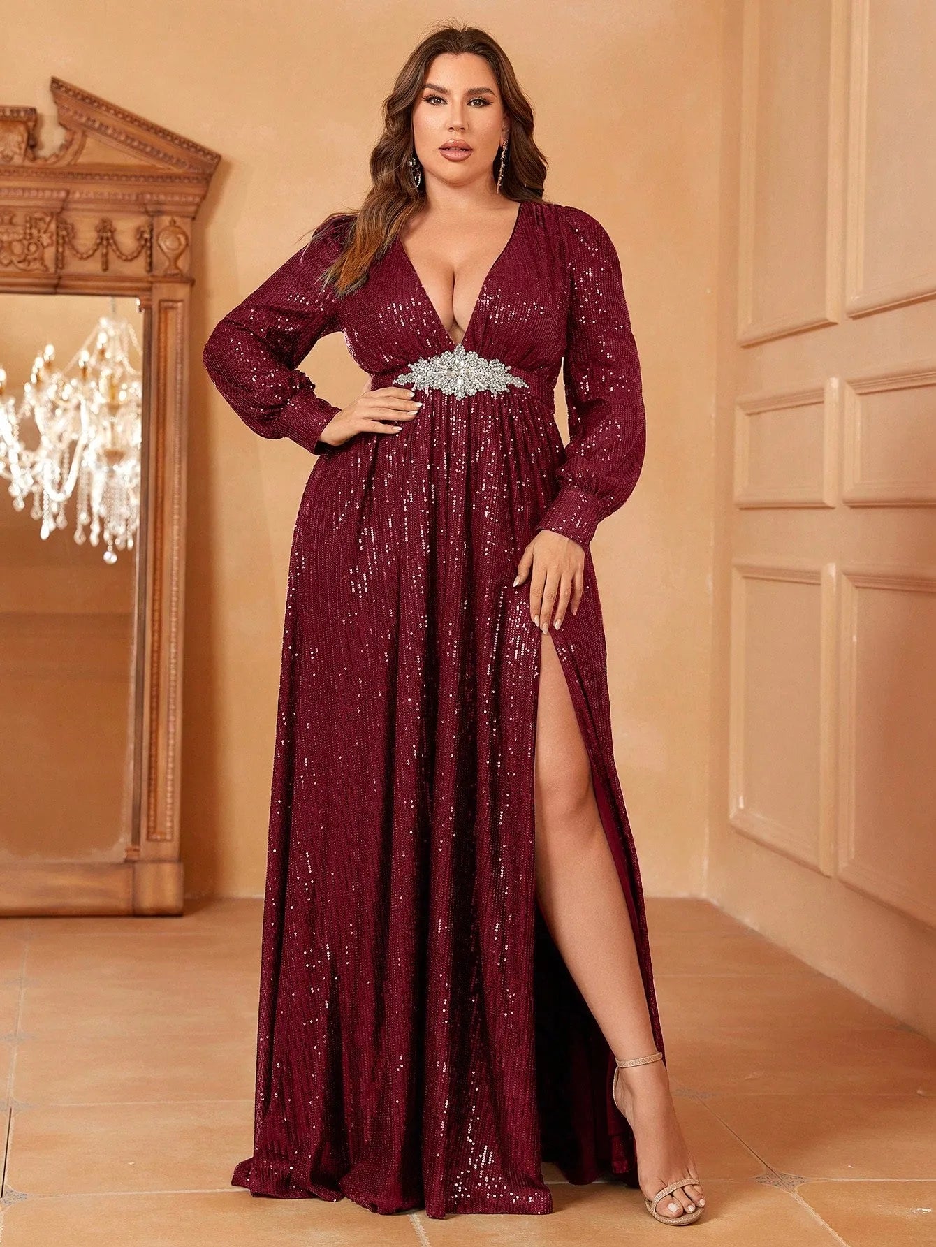 Plus Rhinestone Decor Plunging Neck Sequin Slit Dress