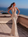 Elegant Halter Neck Deep V-Neck Long Dress, Beads & Sequins, Slim-Fit Mermaid Silhouette, For Photography, Beach, Resort & Evening Party