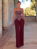 Elegant Strapless Sequin Beaded Jumpsuit, Fitted Waist Top, Wide Leg Slim Silhouette, Suitable For Photos, Beach Vacation, Resort And Party