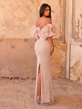 Luxury Off-Shoulder Pearl Beaded Gown | Tulle Ruffle Mermaid Silhouette with High Slit & Corset Back | Formal Evening Dress for Weddings, Galas, Prom