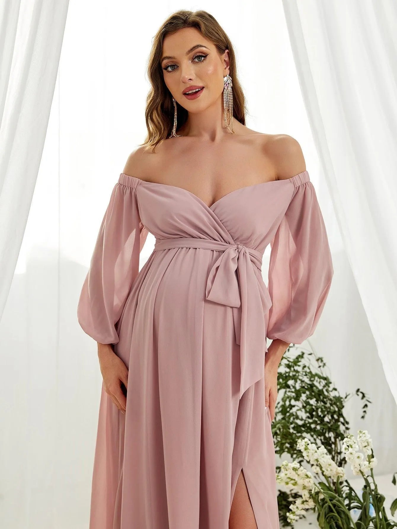 Maternity Off Shoulder Lantern Sleeve Chiffon Belted Dress