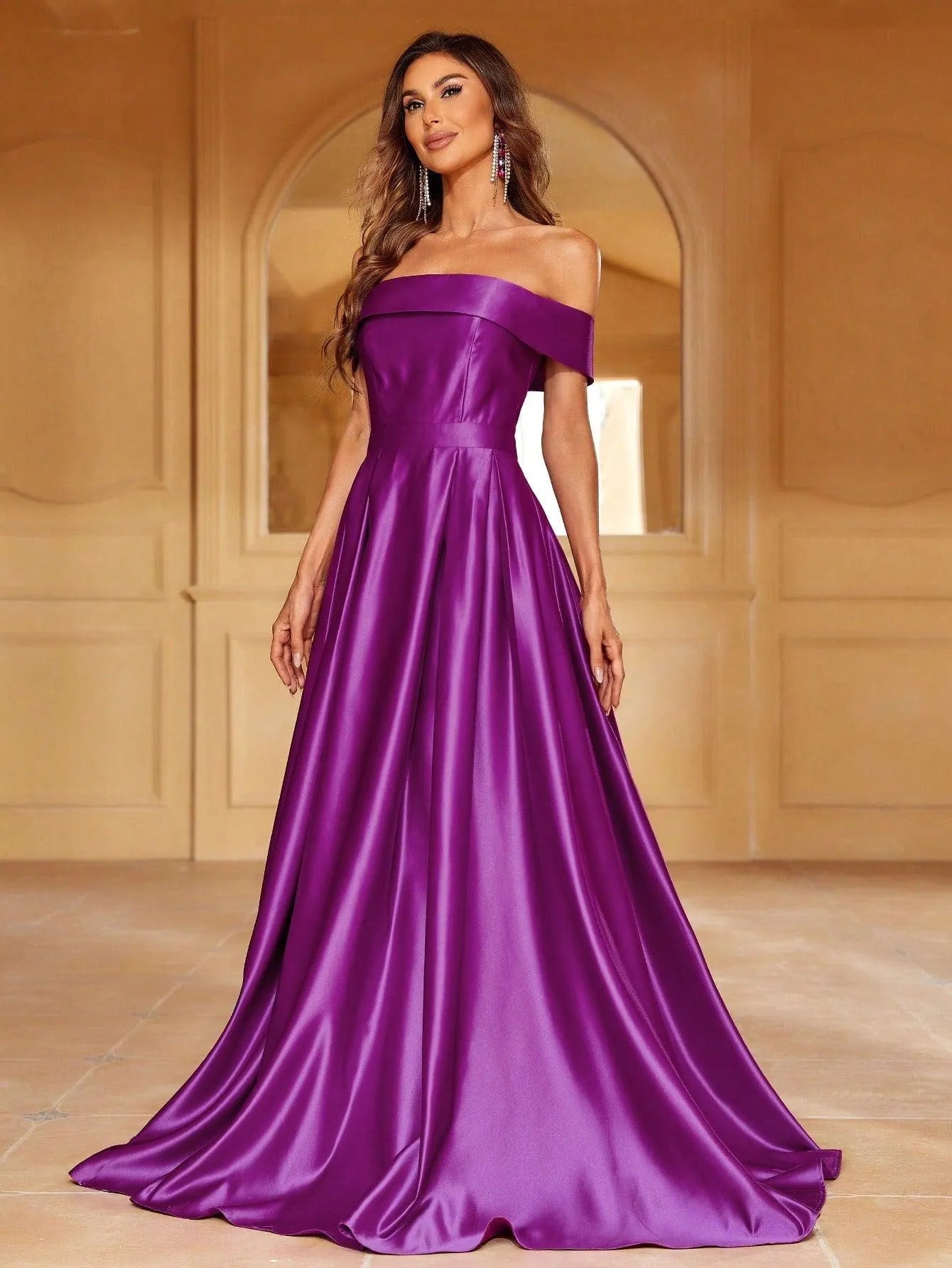 Off Shoulder Floor Length Satin A Line Dress