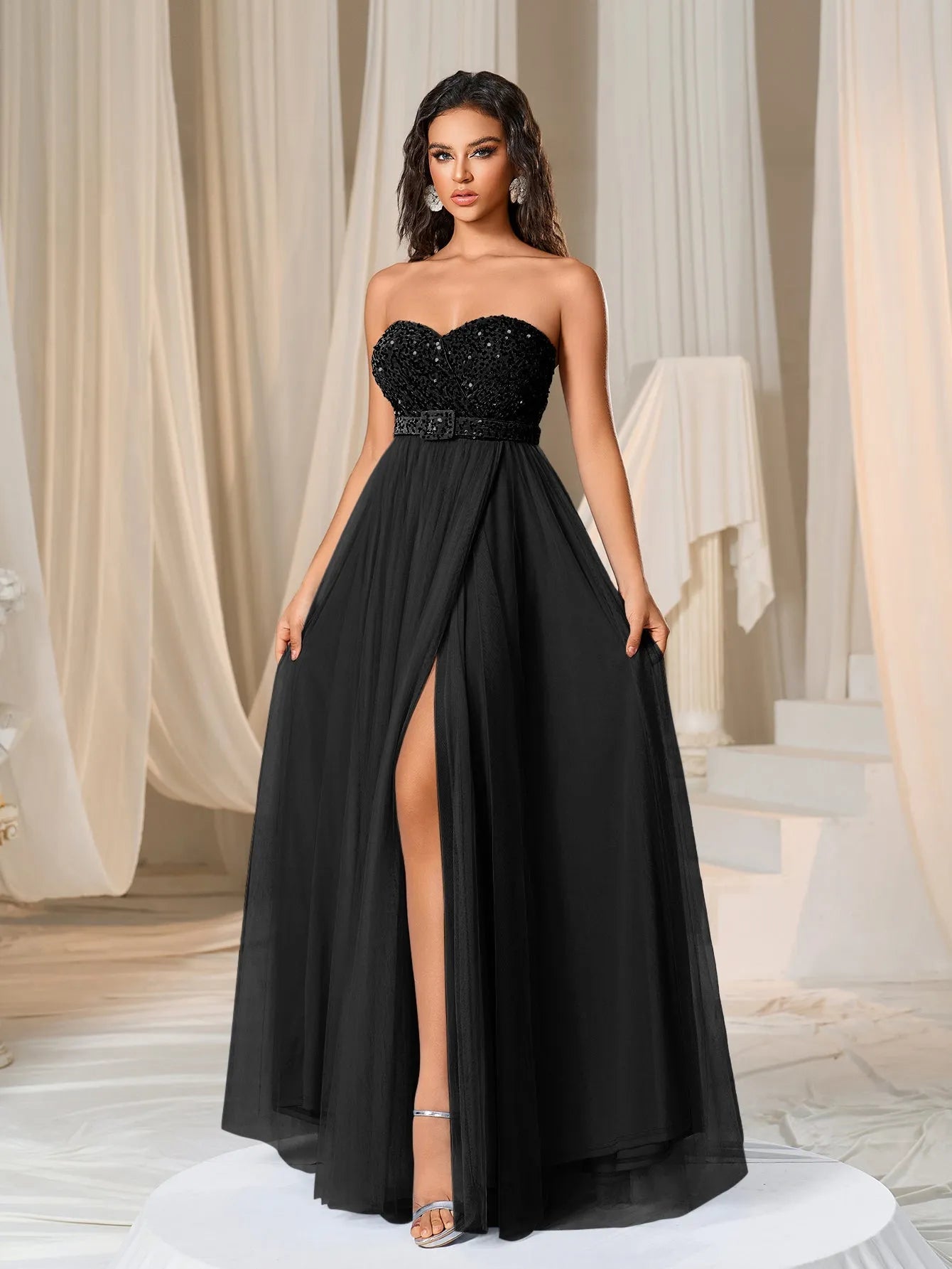 Elegant Strapless Split Thigh A-line Formal Evening Dress