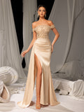 Elegant Off-Shoulder Gown with High Slit & Beaded Bodice – Luxury Satin Evening Wear for Red Carpet, Formal Galas & Luxury Weddings, XS-XL