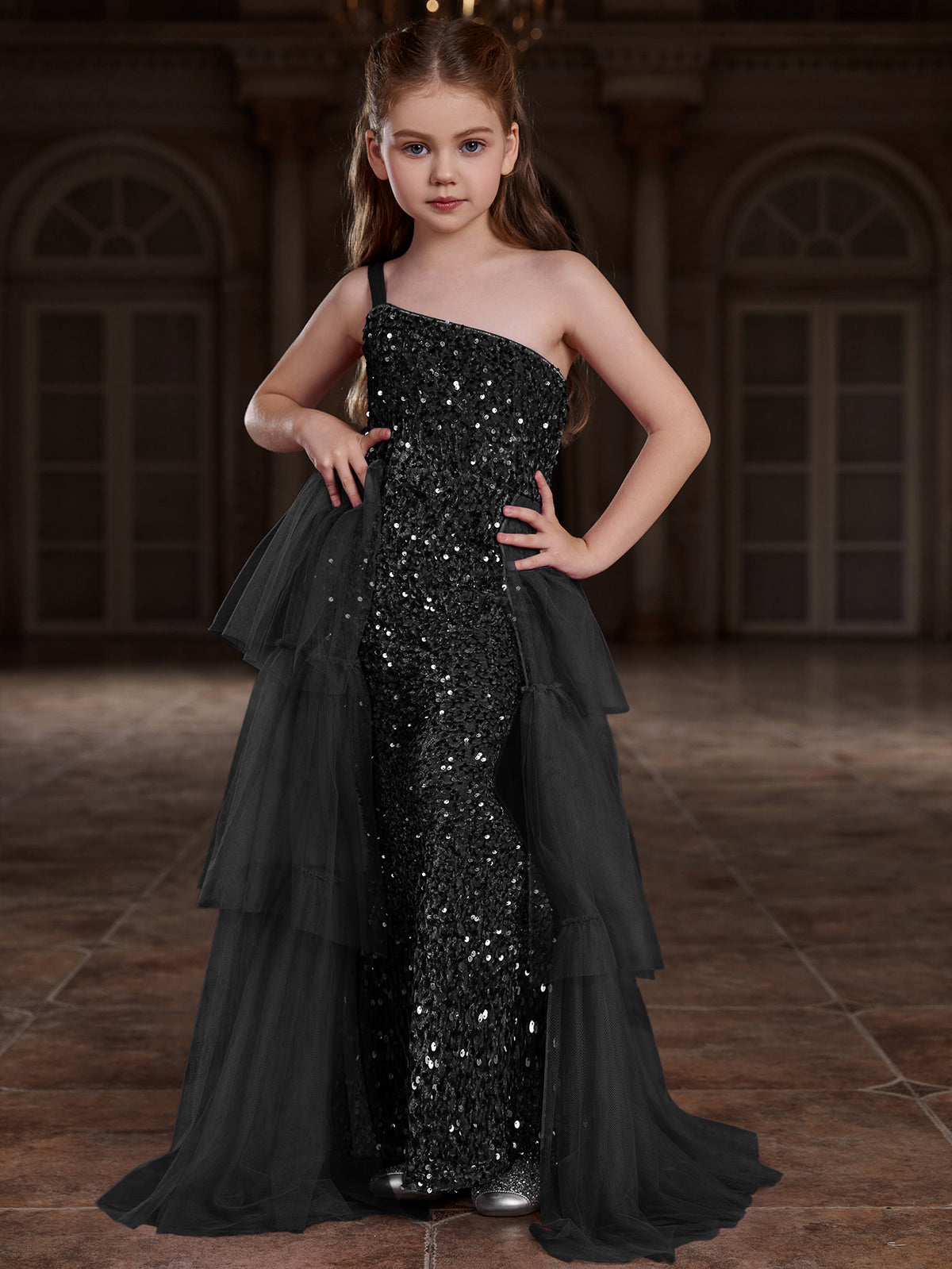 Tween Girls' One Shoulder Sleeveless Contrast Mesh Sequin Dress