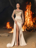 Elegant High Slit Mermaid Hem Satin Evening Dress with Sequinl Accents