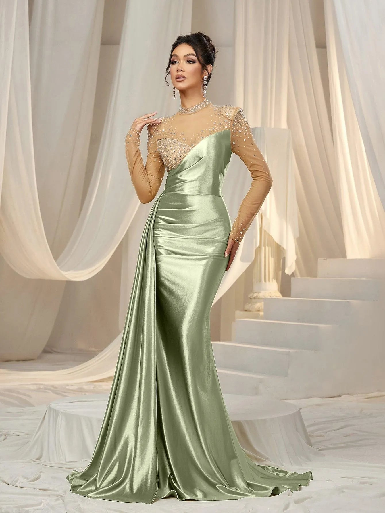 Rhinestone Detail Mock Neck Satin Mermaid Prom Dress