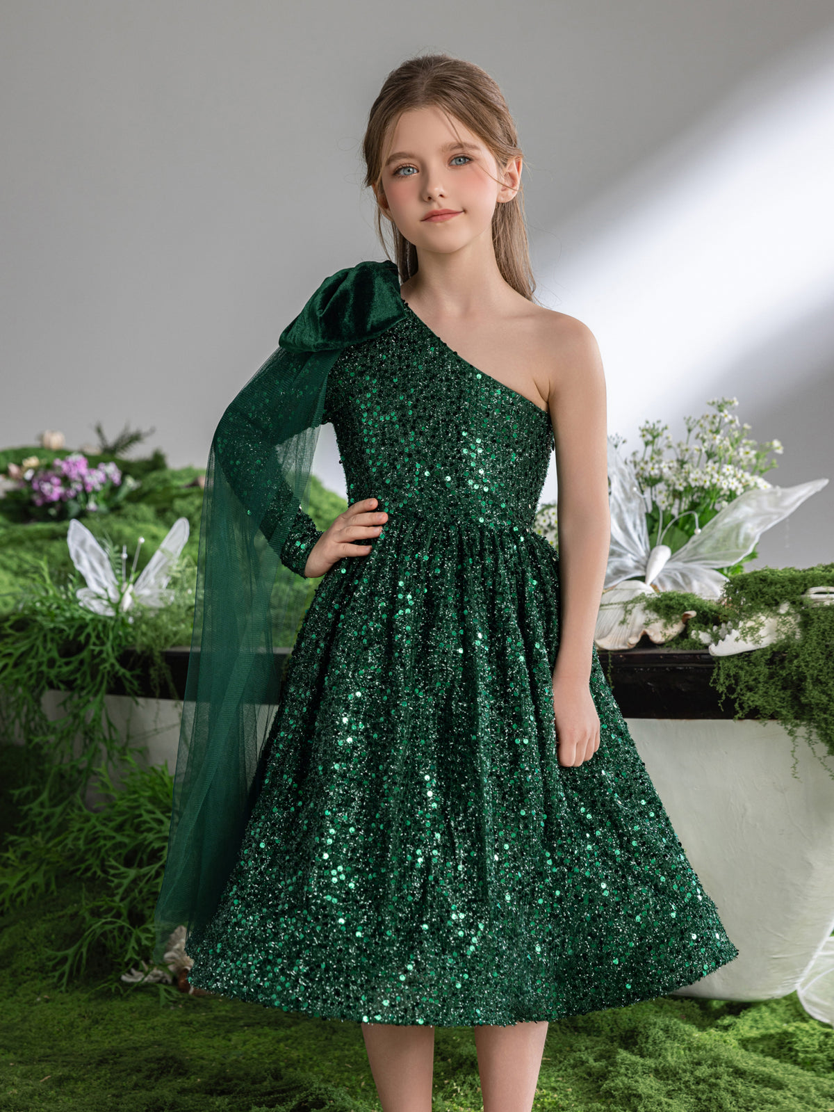Tween Girls' One Shoulder Bow Detail Sequin Party Dress