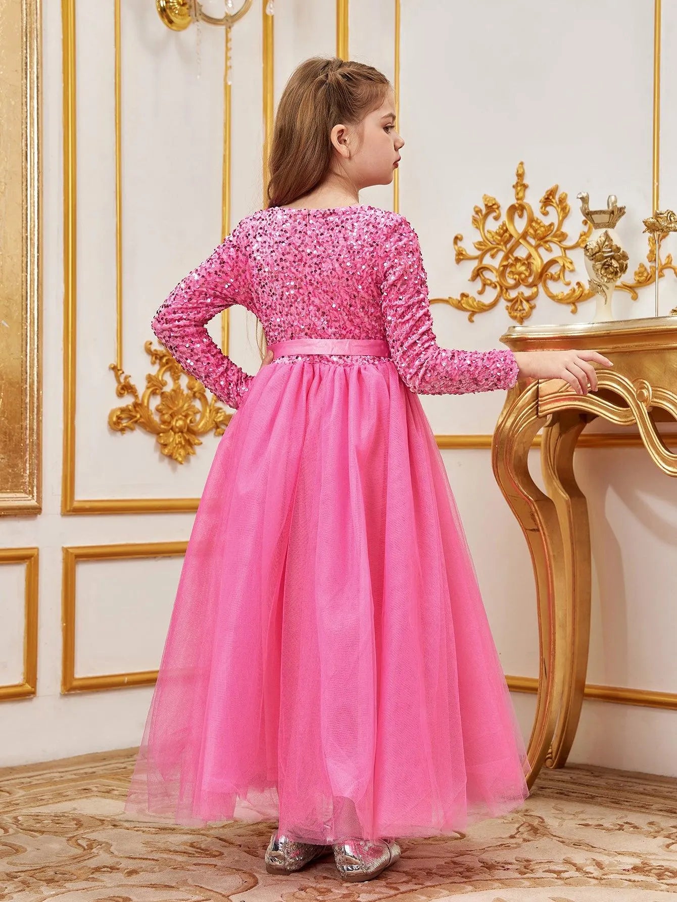 Tween Girls' Round Neck Long Sleeve Mesh Hem Party Dress - Elonnashop