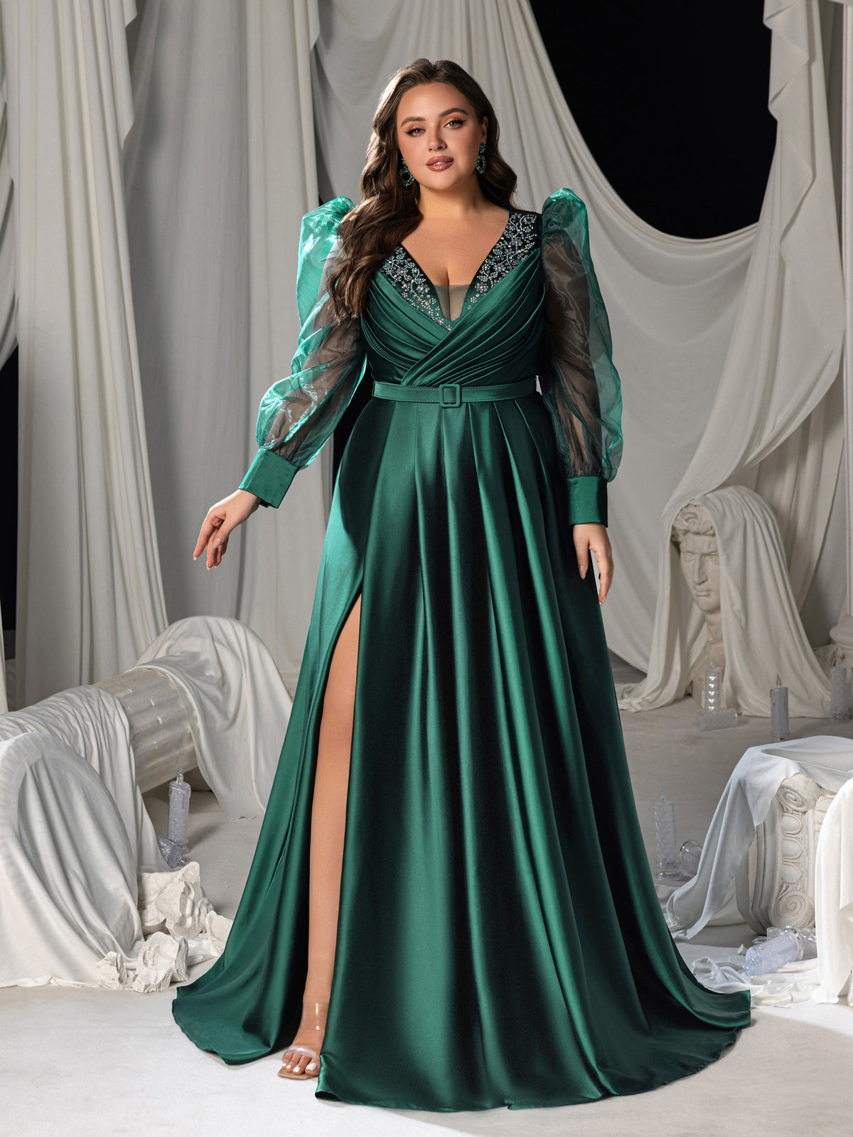 Plus Satin A-line Evening Gown with V-Neck, Tulle Puff Sleeves and High Slit