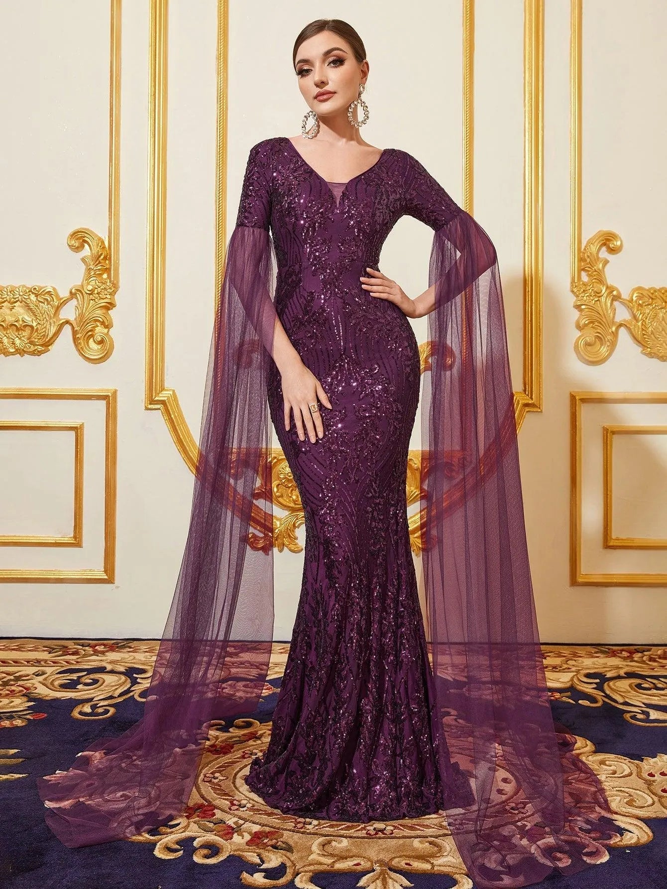 Extra-Long Sleeves Contrast Mesh Sequin Mermaid Dress