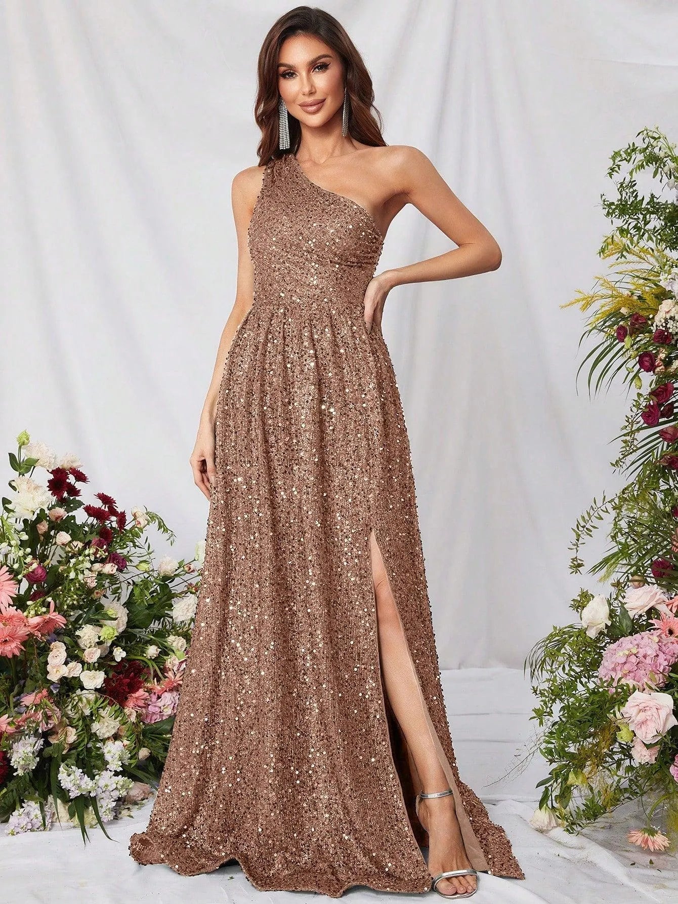 Elegant One Shoulder Sleeveless Sequin A Line Dresses