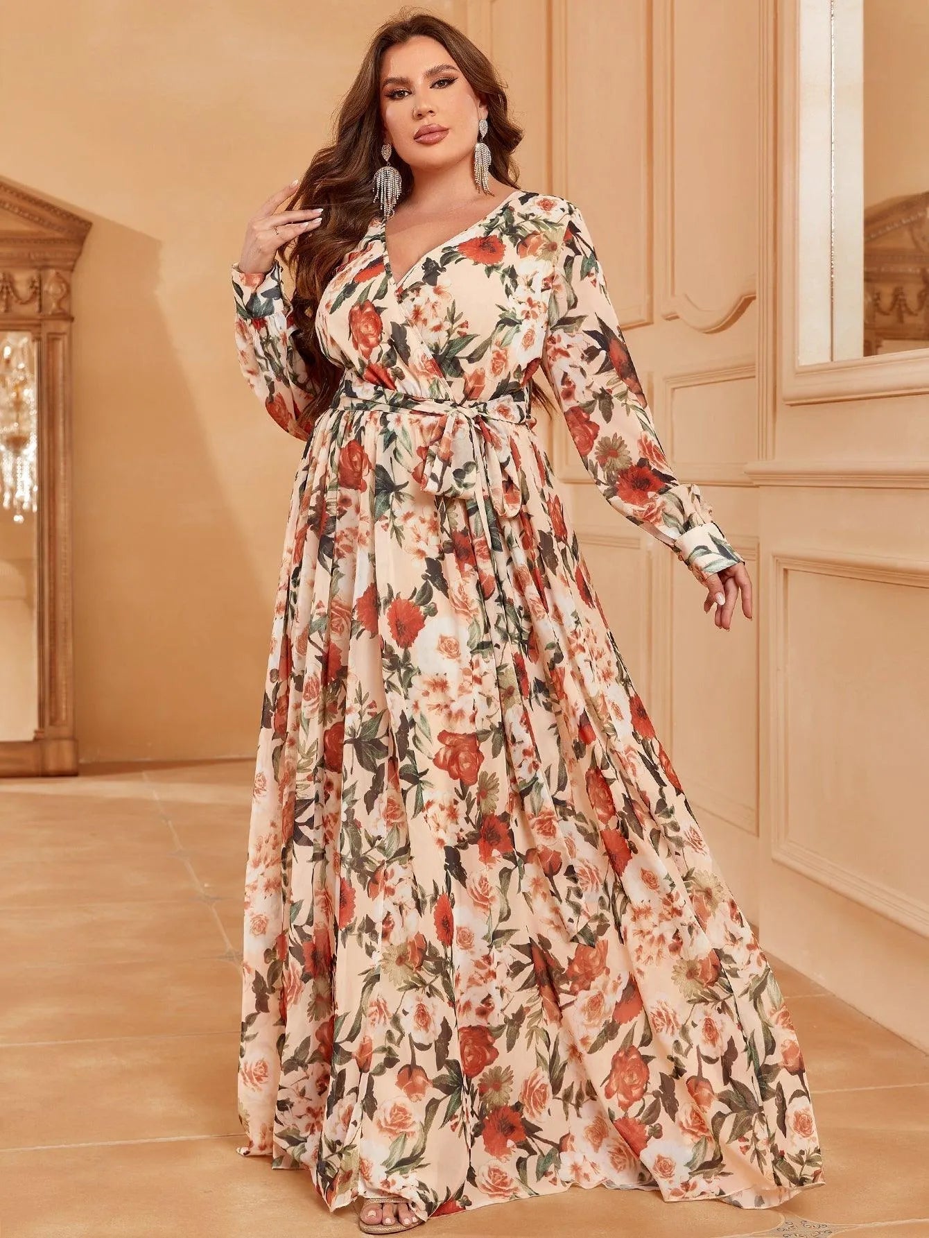 Plus V Neck Long Sleeve Floral Chiffon Belted Dress