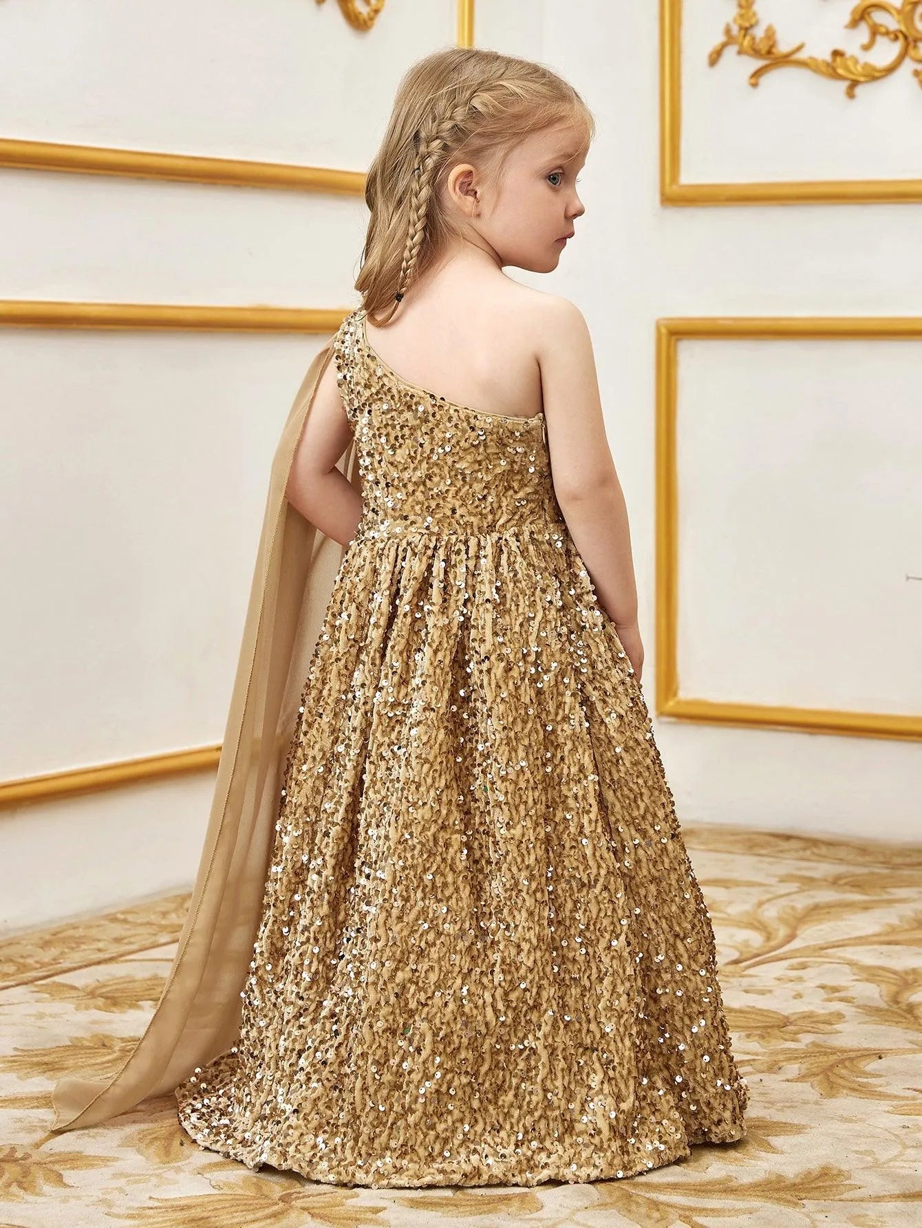 Young Girls' One Shoulder Draped Side Sequin A Line Dress