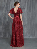 Womens' Plunging Neck Butterfly Sleeves Sequin Formal Dress