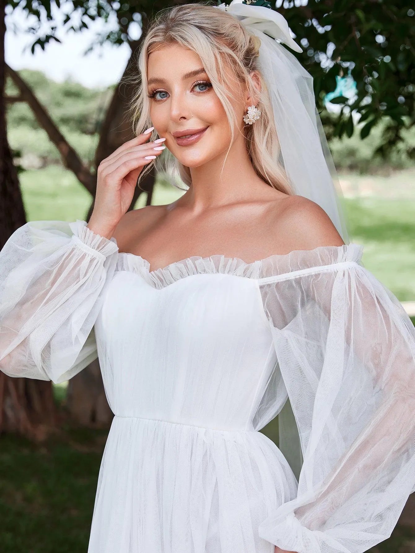 Off Shoulder Lantern Sleeve Mesh Wedding Dress