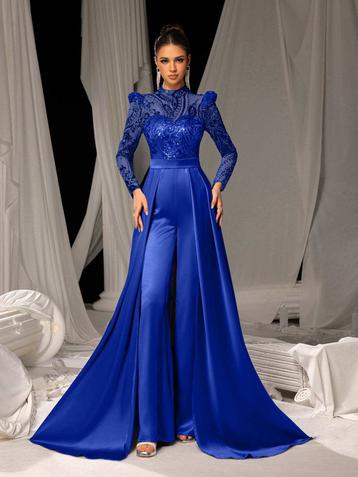 Luxe Sequin-Trimmed Jumpsuit with Glittering Bodice & Satin Wide-Leg Pants for Evening Glam, XS-XL