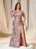 Plus One Shoulder Ruched Wrap Hem Sequin Prom Dress - Elonnashop