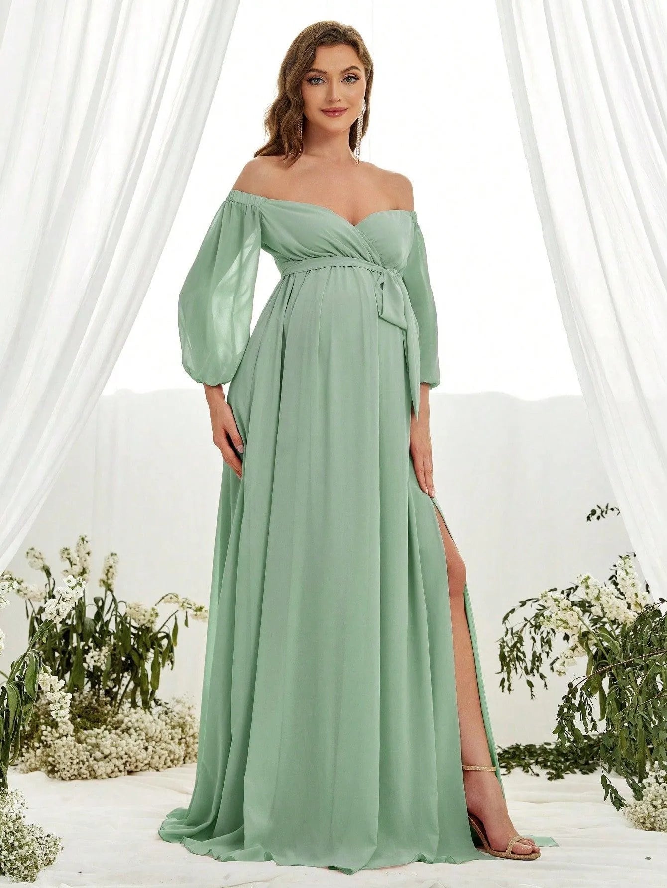 Maternity Off Shoulder Lantern Sleeve Chiffon Belted Dress