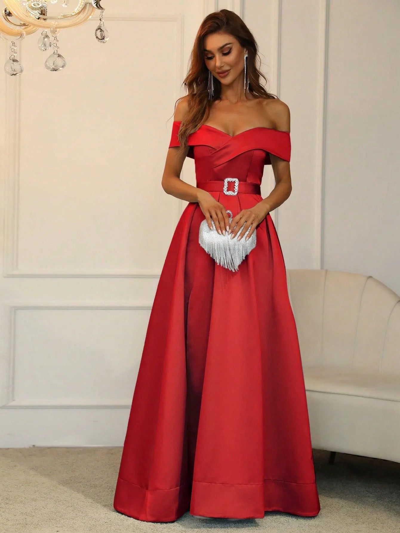 Off Shoulder Buckle Belted Satin Ball Gown - Elonnashop