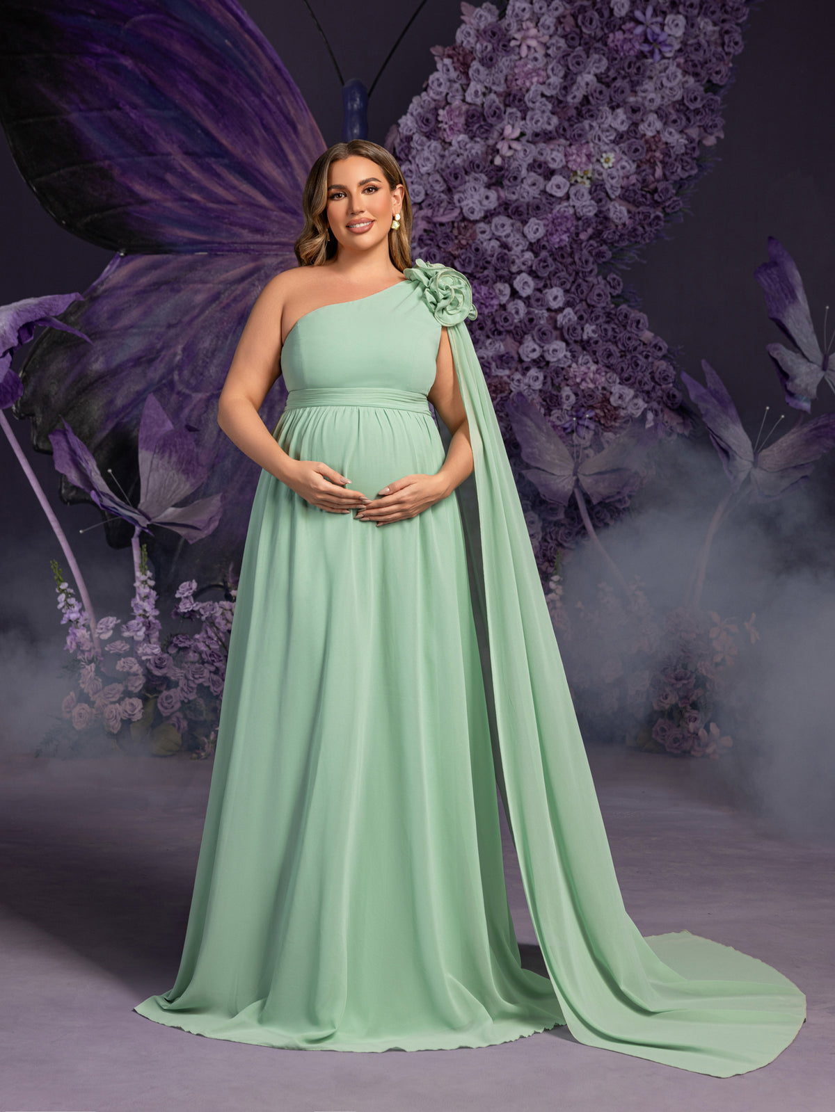Plus Matenity One-Shoulder Chiffon Gown with Floral Appliqué & Floor-Length Train – Elegant 1XL-5XL Pregnancy Dress