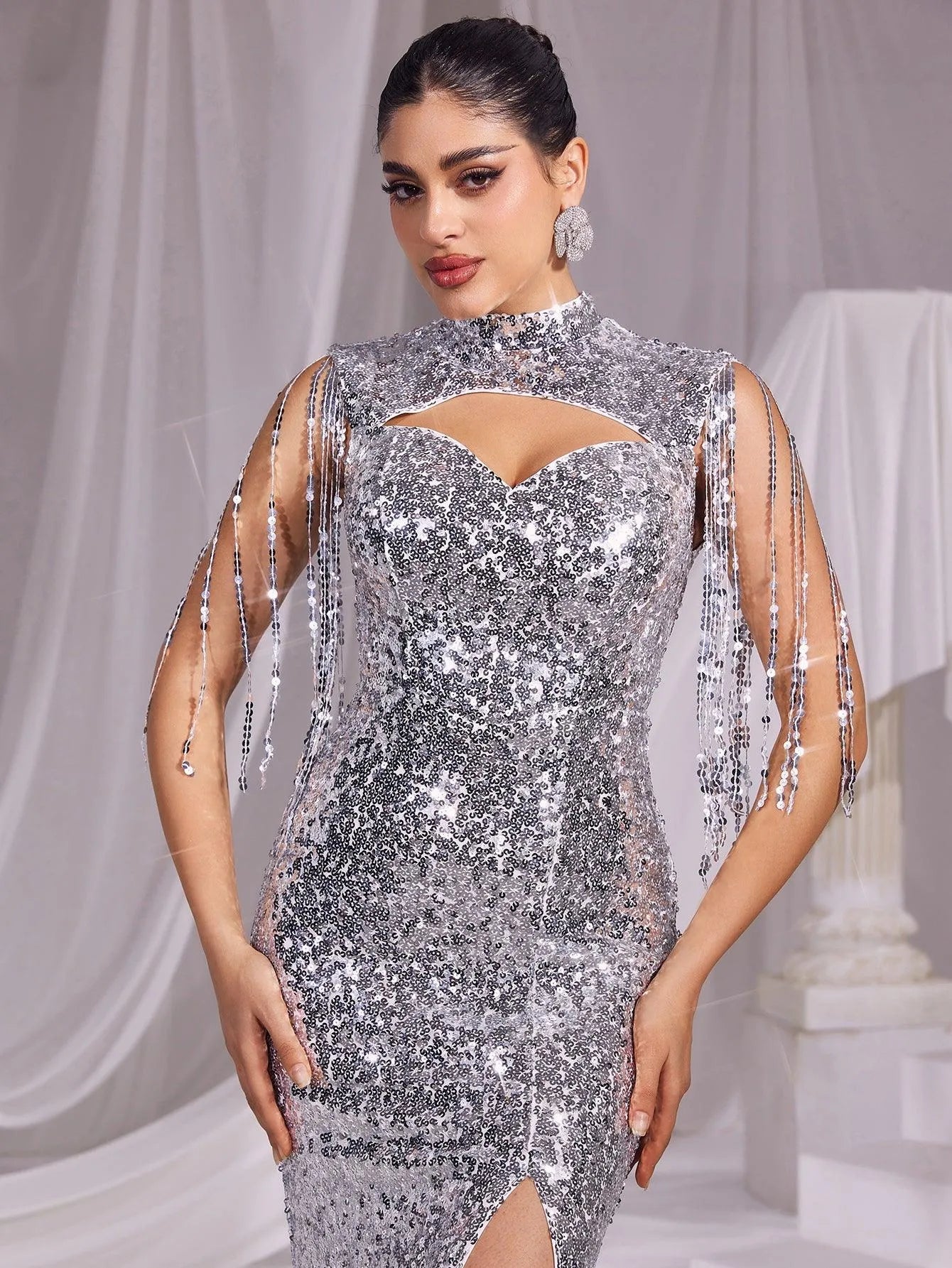 Sequin Mock Neck Mermaid Hem Evening Dress