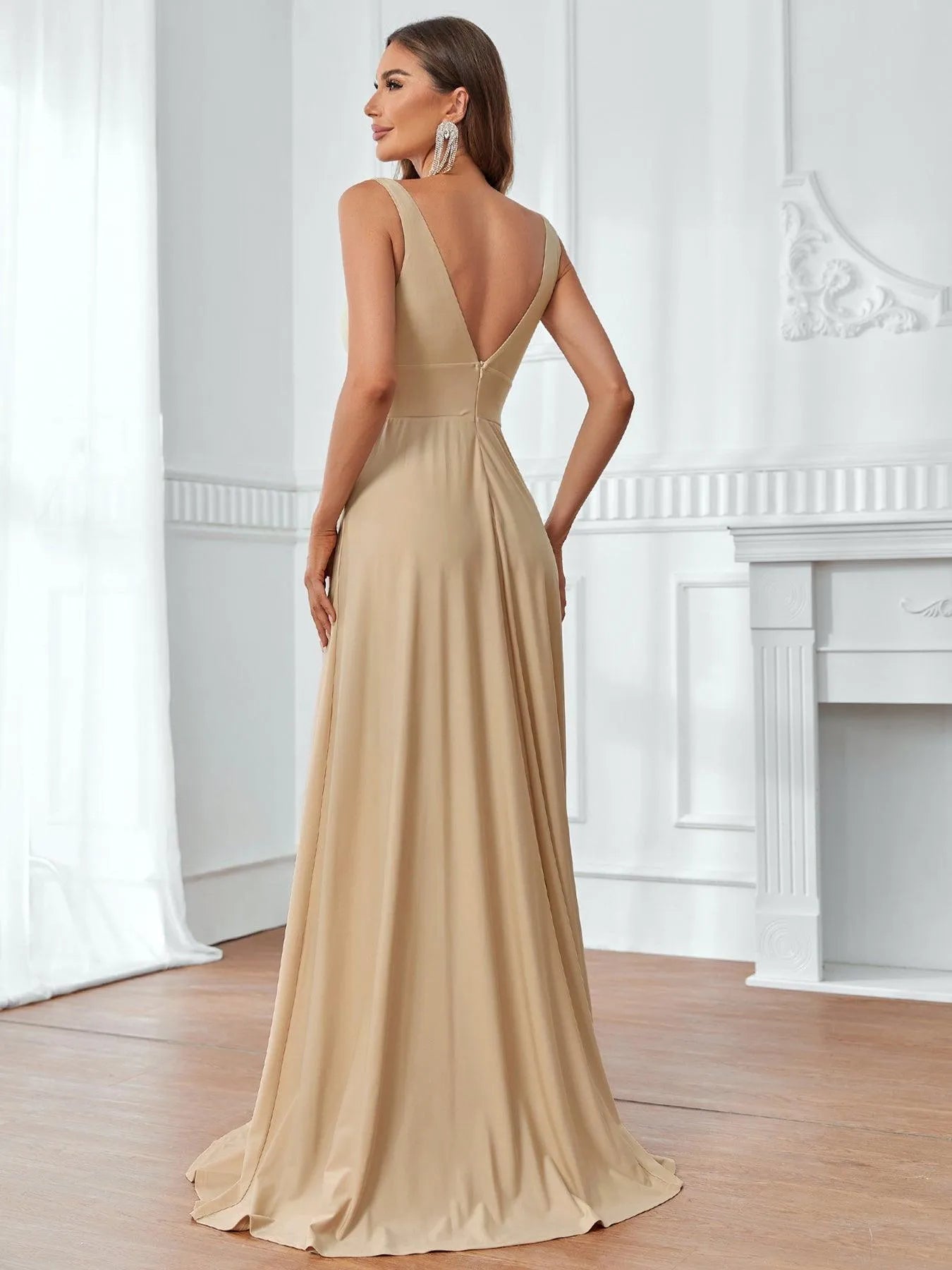 Solid Plunging Neck Sleeveless  Slit  A Line Dress