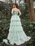 Luxury One Shoulder Floral Sequin Bodice Layered Tulle Hem Prom Dress - Elonnashop