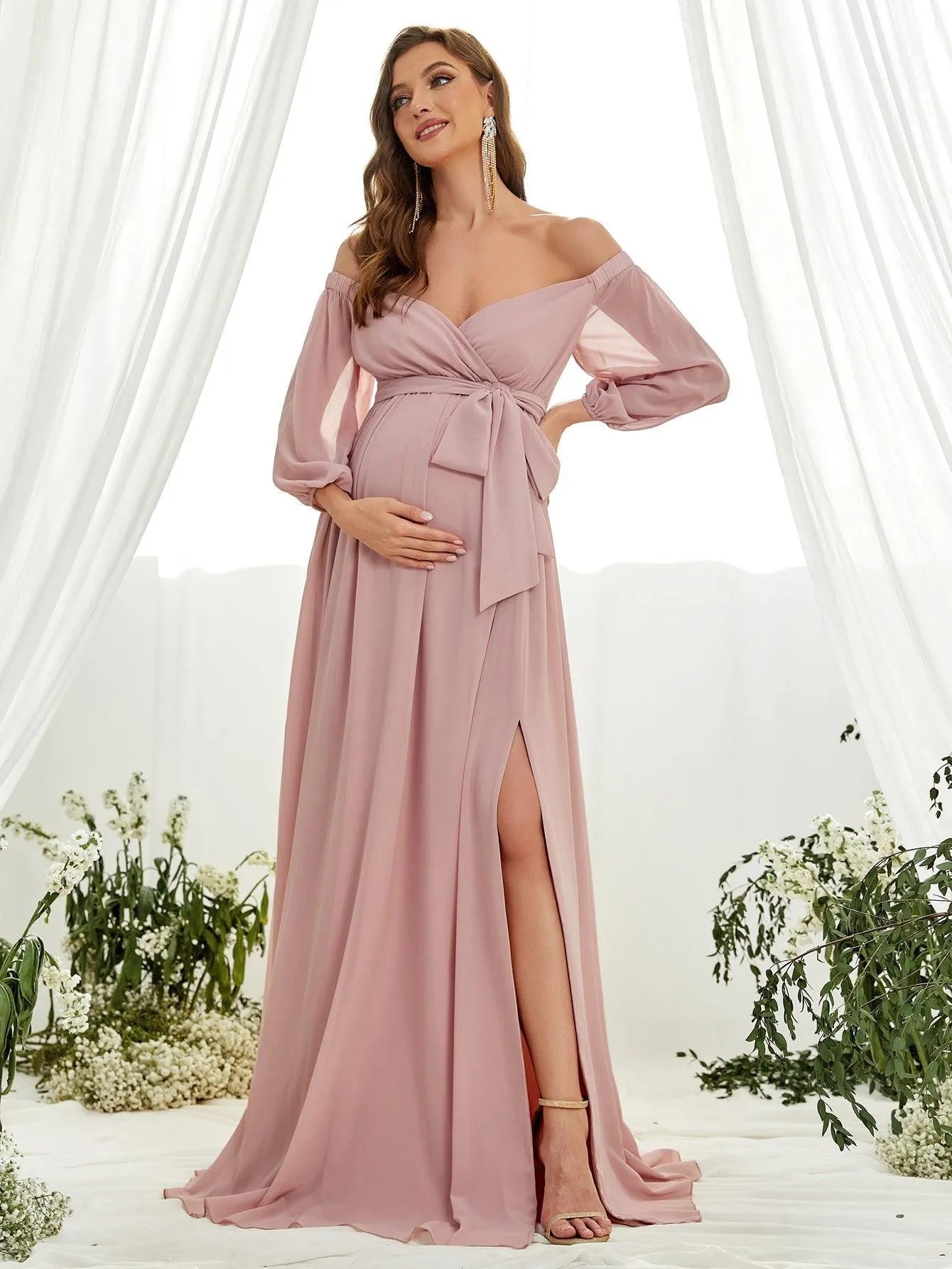 Maternity Off Shoulder Lantern Sleeve Chiffon Belted Dress